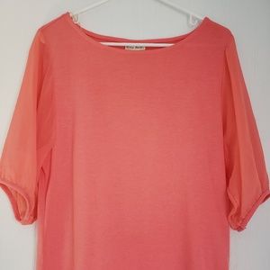 Coral top with sheer 3/4 sleeves ~